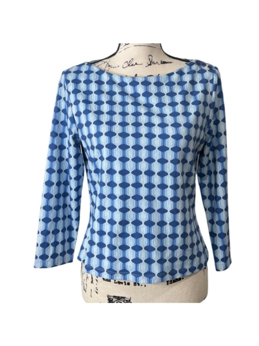 J. McLaughlin Womens Size M Top Catalina-Cloth Blue White Geometric 3/4 Sleeve